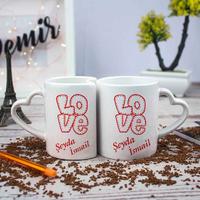 Sevgiliye Hediye İsim Yazılı LOVE İkili Kalp Kupa Bardak Seti