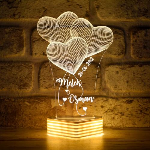 Sevgiliye Hediye, İsim Yazılı 3D Kalpli Lamba